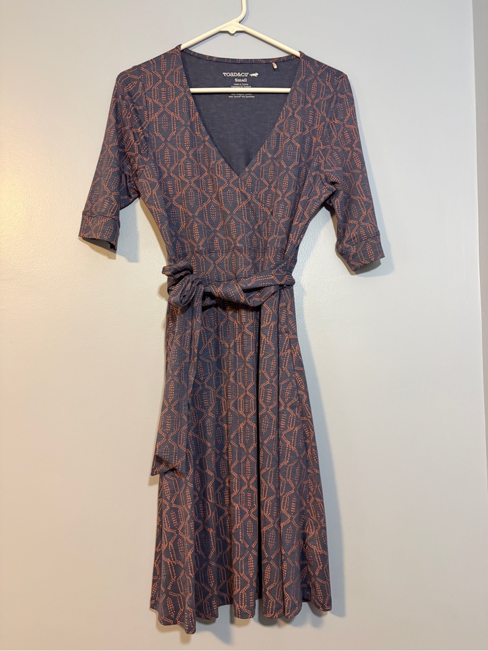 Toad&Co Navy and Rust Geometric Cue  Wrap Midi Dress